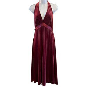BCBG Burgundy Velvet Halter Dress Satin Ribbon Accent Large Cocktail Holiday Y2K